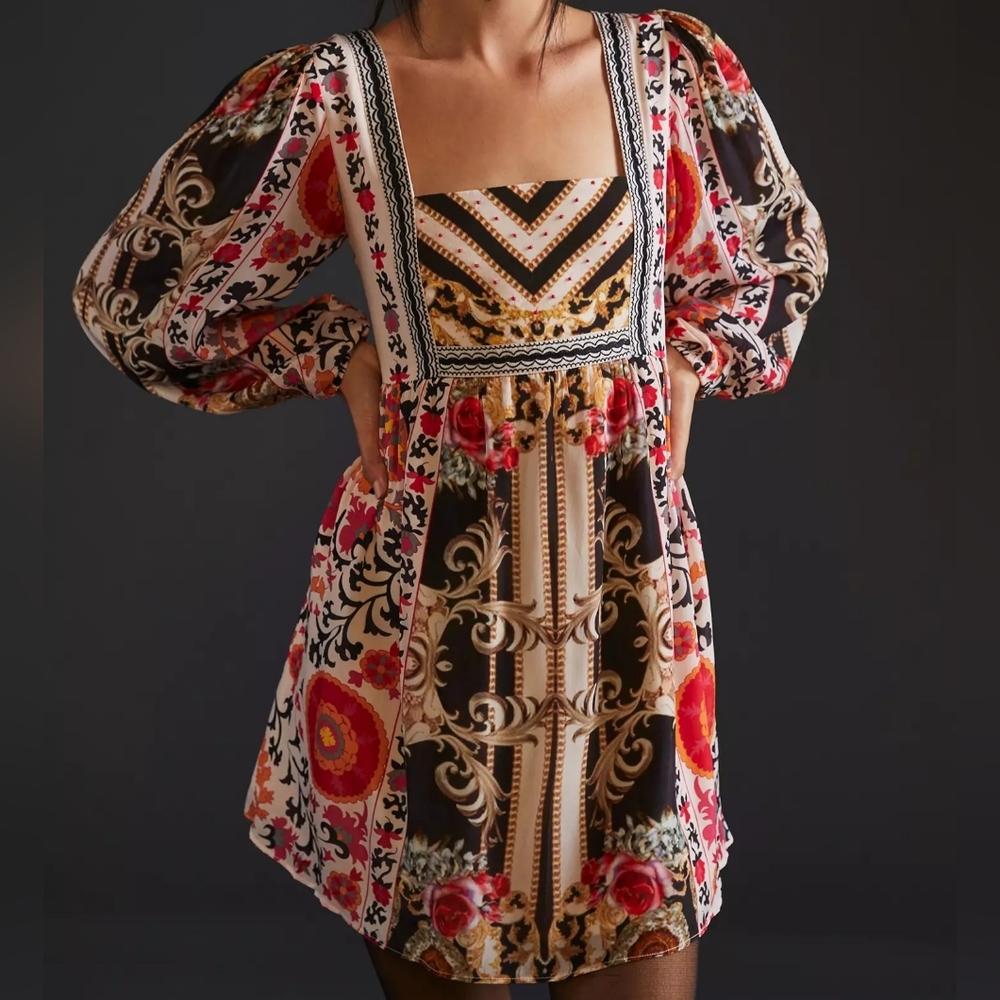 Anthro | Nikasha Dress Boho Black Ivory Red Floral Long Puff Sleeve Mini Size XS